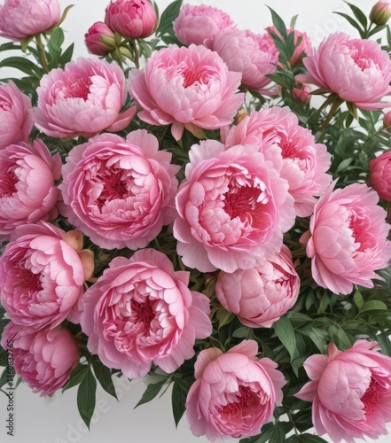 Vibrant pink peonies & roses bouquet  White backdrop  Copy space , buds, blossom, peonies