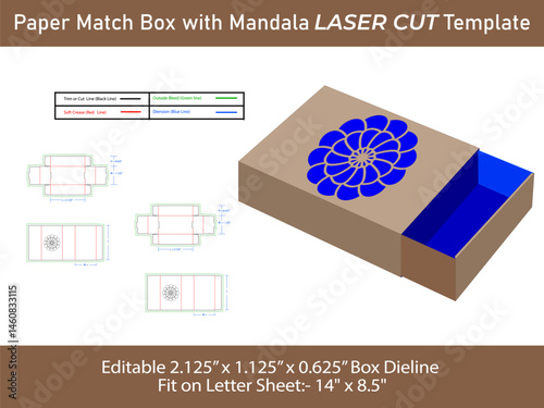 Paper match box Template with mandala Laser Cut