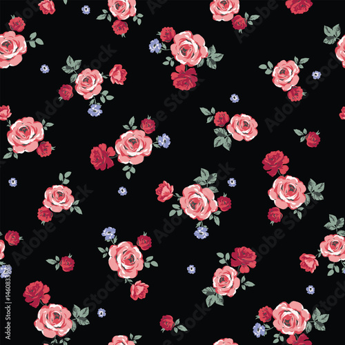 Romantic Rose Floral Seamless Pattern for Textile Print on Fabric on black background for fashion dress print pattern