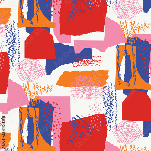 Abstract Artistic Collage Seamless Pattern for Textile Print on Fabric, red blue and pink color combination abstract tile for fashionable design
