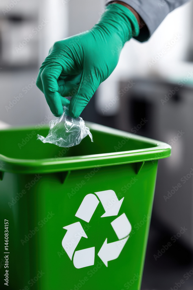 Hand placing plastic item in recycling bin symbolizing environmental responsibility and waste management
