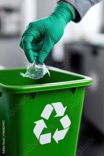 Obraz na płótnie Hand placing plastic item in recycling bin symbolizing environmental responsibility and waste management w salonie