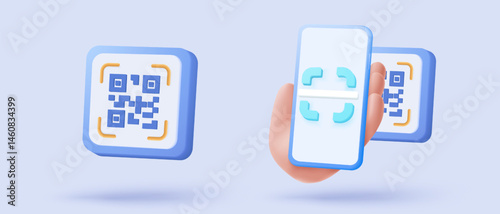 3d qr code icon scan for pay online shopping, shop special offer promotion on mobile phone cyberspace. Qr code buttons scan verification identity. 3d coding reading icon vector render illustration