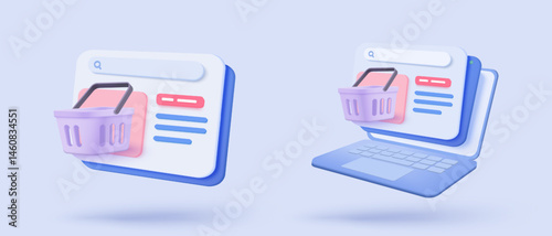 3D shopping online with laptop, product shipping packing, shopping bag or basket. Payment protection with password secure for online payment concept. Notebook icon 3d vector render illustration