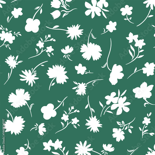 Seamless floral pattern for textile prints and fabric, white flower silhouettes on green background