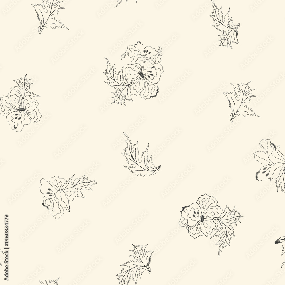 Fototapeta premium Monochrome Hand Drawn Seamless Floral Pattern for Textile Print for Fabric, Elegant Line Art Botanical Design on Cream Background