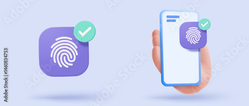 3d fingerprint cyber secure in hand holding mobile phone. Digital security concept. finger scan for authorization, identity. 3d fingerprint scan sign vector render illustration on blue background