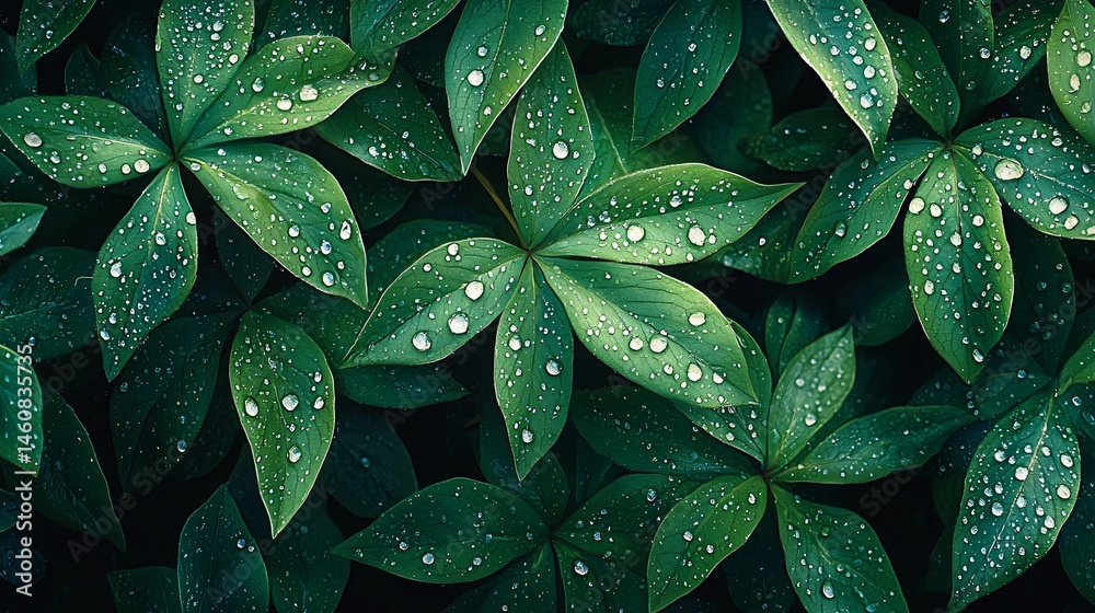 Fototapeta premium Lush green leaves with raindrops nature close-up photography outdoor top-down view serenity
