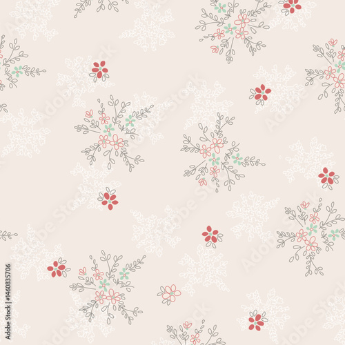 Whimsical Snowflake and Floral Winter Seamless Pattern for fashionable dress and textile print design on light charcoal background