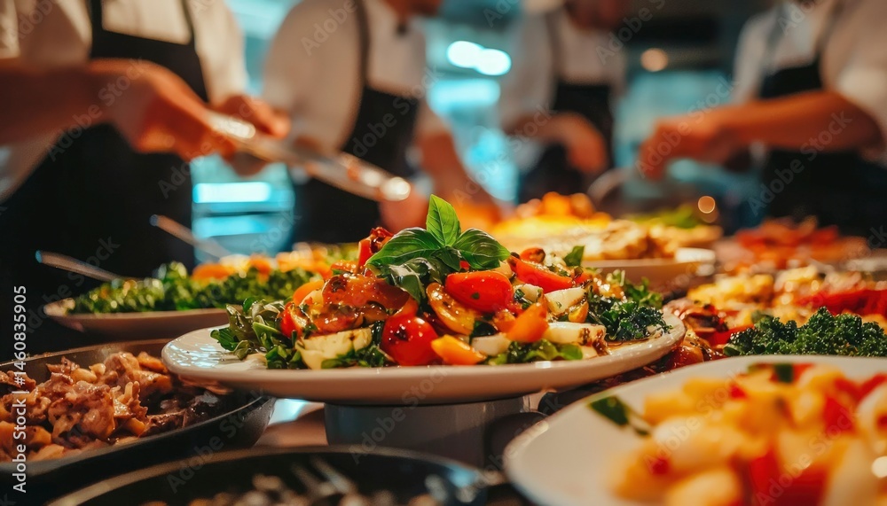 Obraz premium Buffet food line, culinary staff