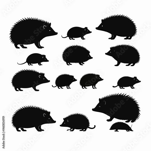 Black silhouette illustration of a diverse group of hedgehogs and rodents on a clean white background perfect for wildlife education and design elements