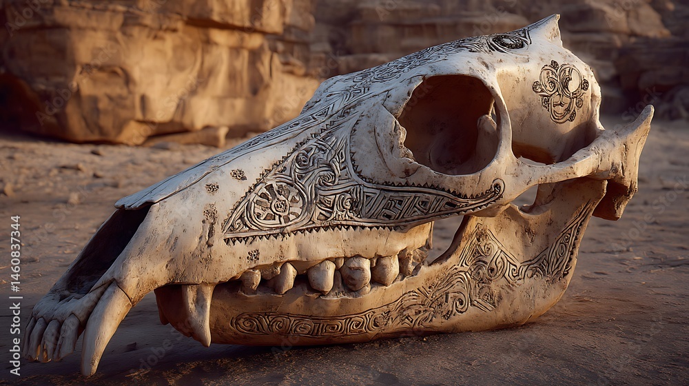 Ornate animal skull sits on arid desert ground Ornate animal skull sits on arid desert ground