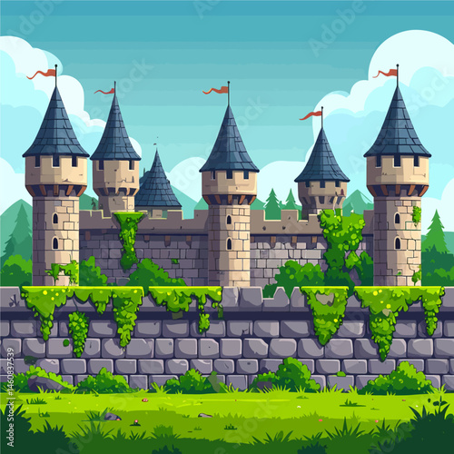 Cartoon castle scene with towers, stone walls, and green grass landscape illustration for fantasy game backgrounds