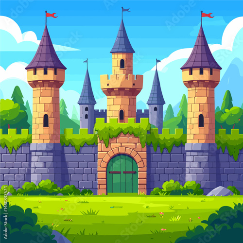 Cartoon castle with towers and flags against a bright blue sky backdrop artwork for kids and storybook illustrations
