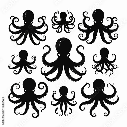 Collection of black octopus silhouettes with curled tentacles on white background for marine life designs and nautical themes