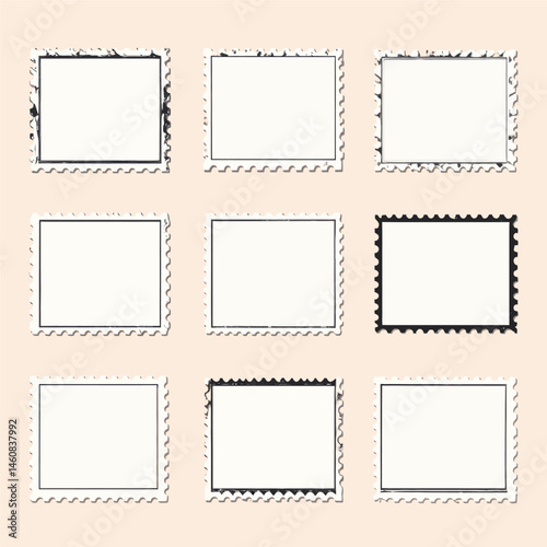 Collection of blank postage stamps for design mockup and vintage ephemera projects, isolated on beige background offering creative possibilities
