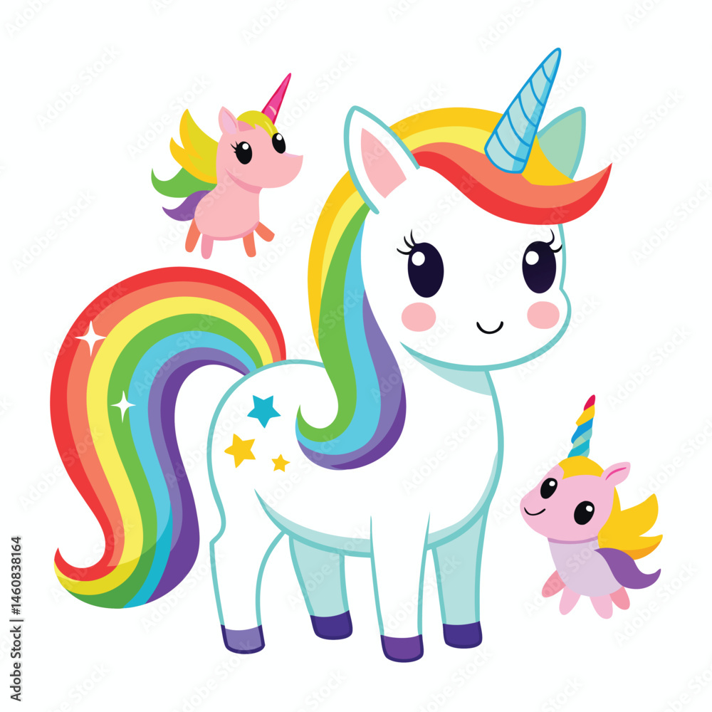 Fototapeta premium Adorable Rainbow Unicorn with Little Ones Magical Fantasy Illustration