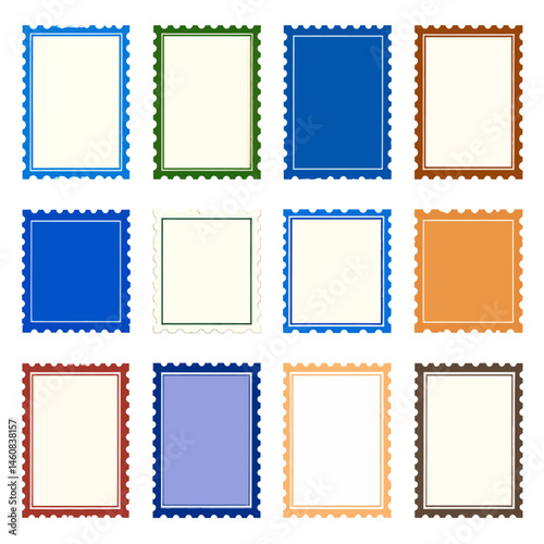 Collection of colorful blank postage stamps vector illustration for design and creative projects showcasing a variety of colors and styles