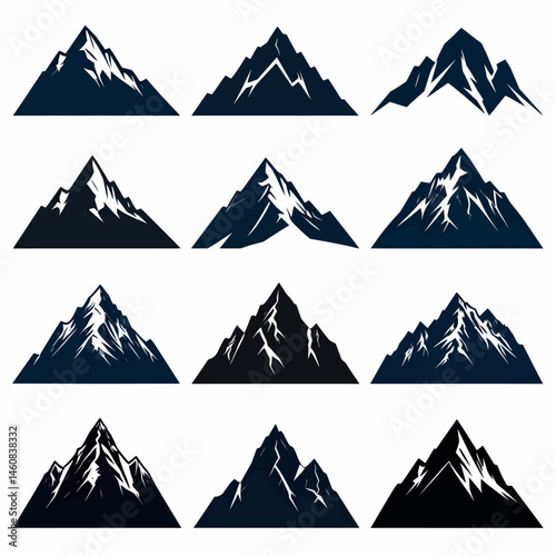 Collection of mountain peak illustrations showcasing jagged edges and snowy caps perfect for outdoor adventure branding and design