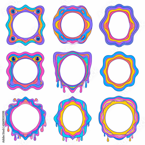 Collection of nine vibrant psychedelic frames with melting drips and eyeball accents for creative design projects