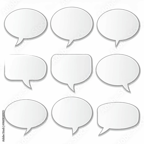 Collection of white speech bubbles with shadows for messages and communication projects, vector design elements set for graphic templates and social media