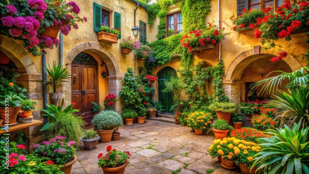 Naklejka premium Warm Italian courtyard surrounded by lush Mediterranean greenery and vibrant colorful flowers, italian courtyard, flowering plants