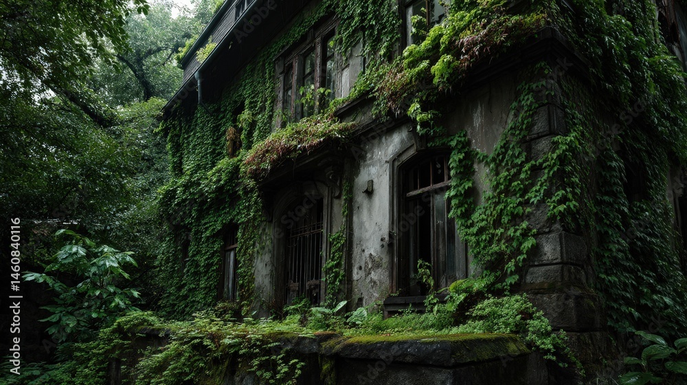 Abandoned Haunted House with Ivy Covered Walls and Overgrowth Abandoned Haunted House with Ivy Covered Walls and Overgrowth