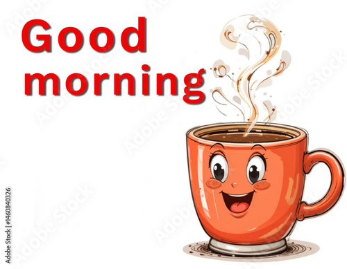 Cartoon coffee mug with smiling face and warm morning mood on white background, copy space