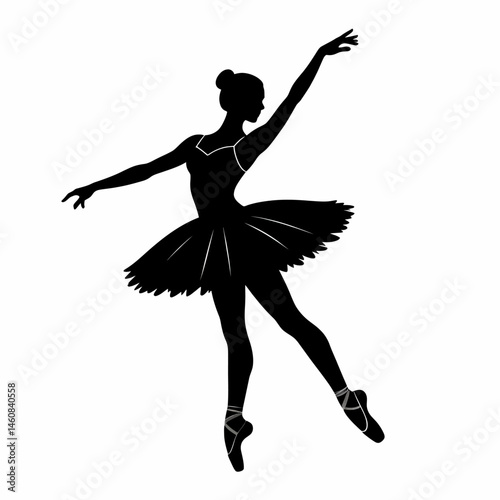 Elegant ballerina silhouette in graceful pose performing ballet dance on white background for artistic dance and theater performance projects