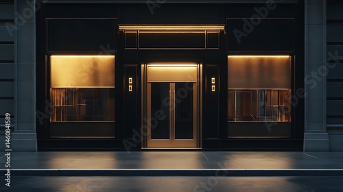 Elegant storefront facade at night, illuminated by warm lights.