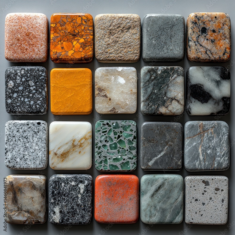 Fototapeta premium Square samples of various stone and rock types arranged in grid pattern.
