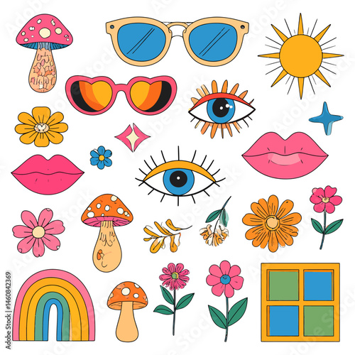 Groovy 70s themed sticker set with psychedelic designs and vintage elements for creative projects