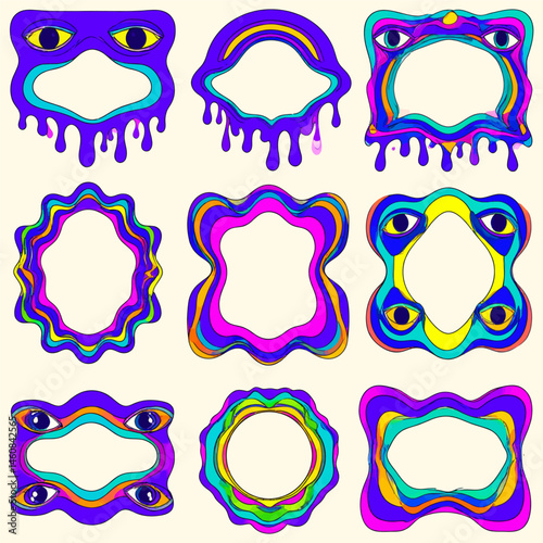 Groovy psychedelic frame collection with melting drips and hypnotic eye patterns offers versatile design elements for creative projects