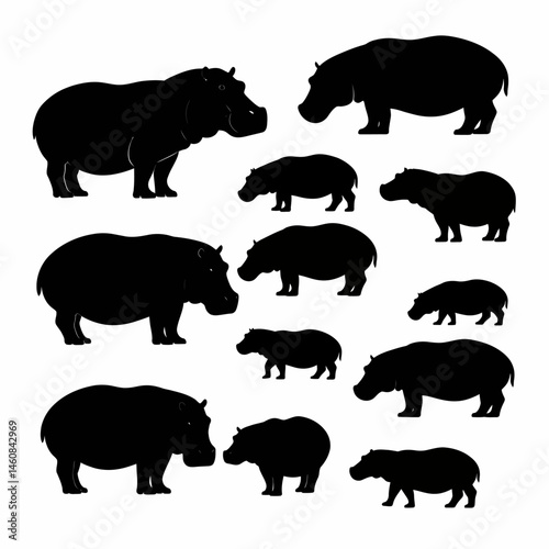 Hippo silhouettes collection isolated on white background for wildlife designs and safari themed graphic elements, perfect for print and digital use