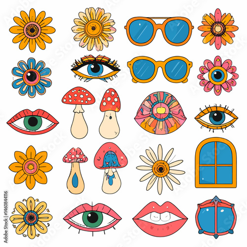 Psychedelic 70s inspired pattern with groovy flowers, eyes, and mushrooms in a retro design