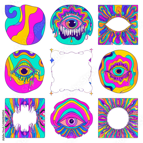 Psychedelic art collection featuring colorful eye motifs and abstract shapes for creative designs