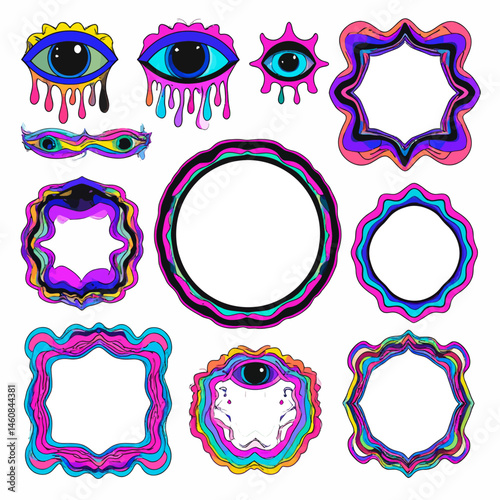Psychedelic art featuring melting eyes and colorful wavy frames for creative designs and backgrounds