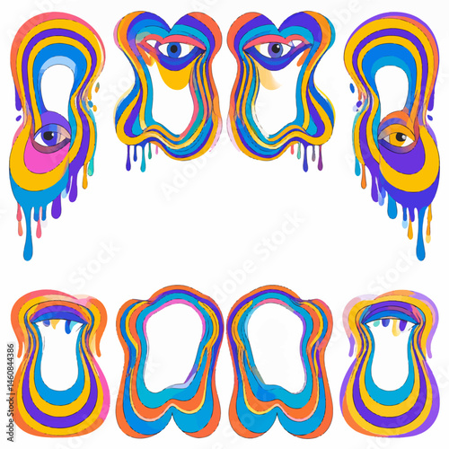 Psychedelic art featuring melting shapes with eyes in vibrant colors and a retro design, perfect for creative and unique visual projects