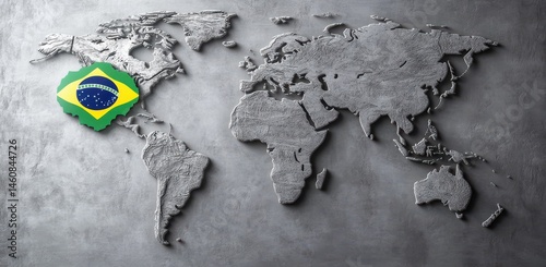 World map embossed on stone-like surface with Brazil highlighted