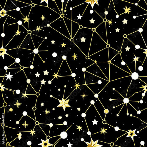 Celestial luxury seamless vector pattern  of white constellations on black  