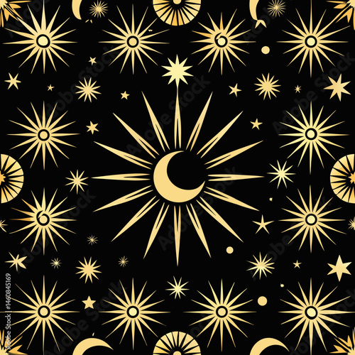 Celestial starburst seamless vector pattern with radiant stars and moons on black  