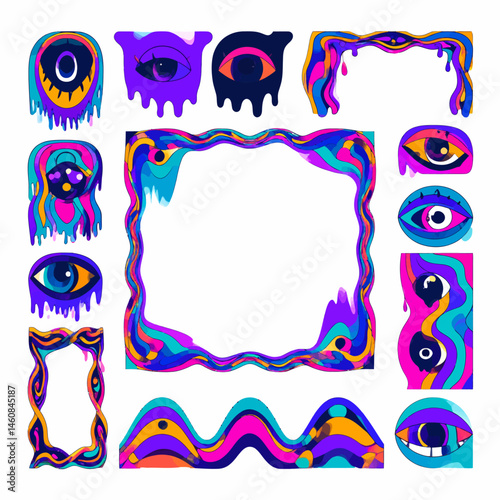 Psychedelic eye border and element collection in vibrant colors for creative designs and retro illustrations perfect for posters and prints