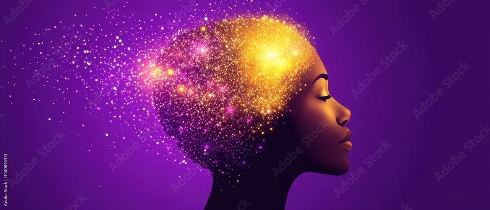 Fototapeta premium Woman Profile Sparkle Mind Concept on Purple Background Creative Illustration of Intelligence and Imagination