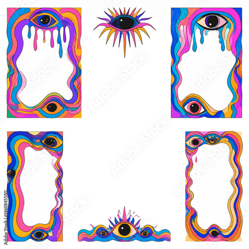 Psychedelic eye frame collection for creative designs and visionary art projects featuring vibrant colors and surreal eye motifs