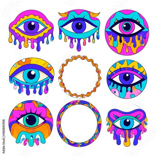 Psychedelic eye pattern collection with melting colors for artistic designs and creative projects