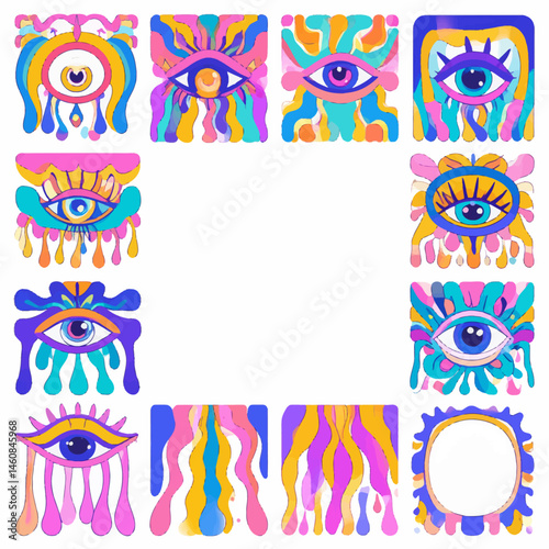 Psychedelic eyes in a square frame colorful surreal abstract eye art with dripping paint design for vibrant backgrounds and creative projects