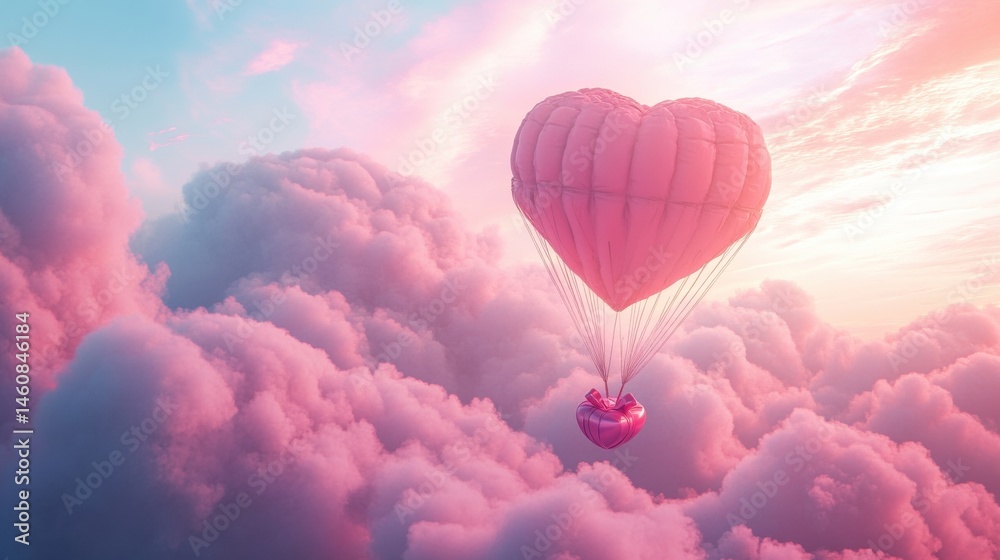 Obraz premium A Box flying on a parachute with pink cloud in valentine day,package flying down from sky and cloud with parachute, concept for delivery service,shopping online,air delivery service.