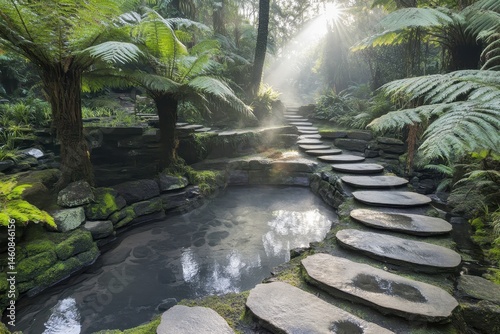 Serene Fern Gully with Stone Path and Pond Bathed in Sunlight Landscape Photography