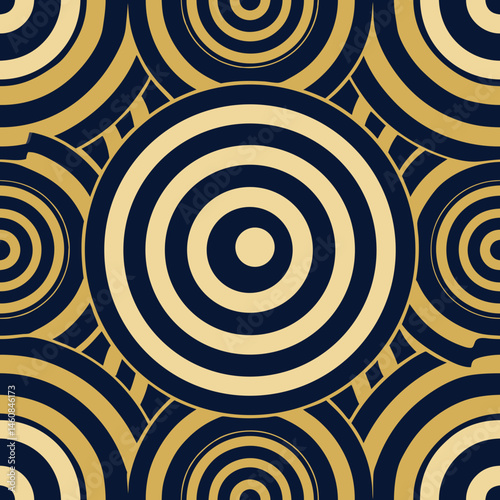 Elegant spiral seamless vector pattern with circular motifs in rich gold and navy  