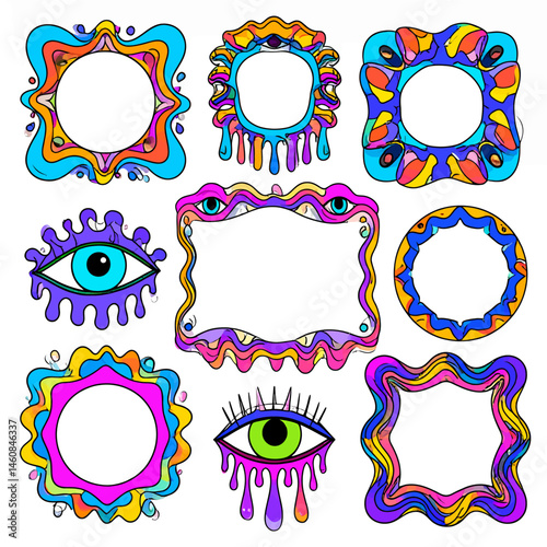 Psychedelic frame collection featuring vibrant colors and retro designs for creative projects and artistic compositions with a whimsical and groovy vibe